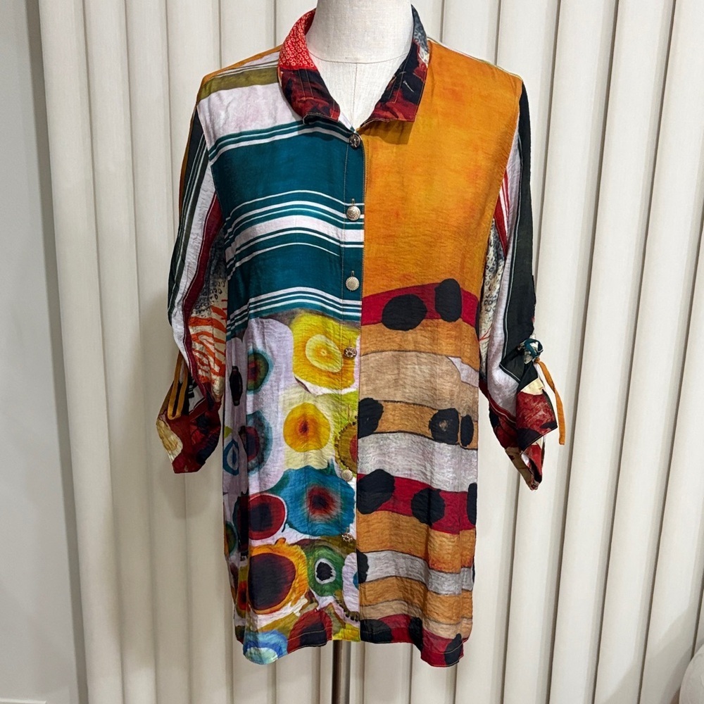John Mark Multicolor geometric Patchwork Button Down Shirt cinched 3/4 slv M